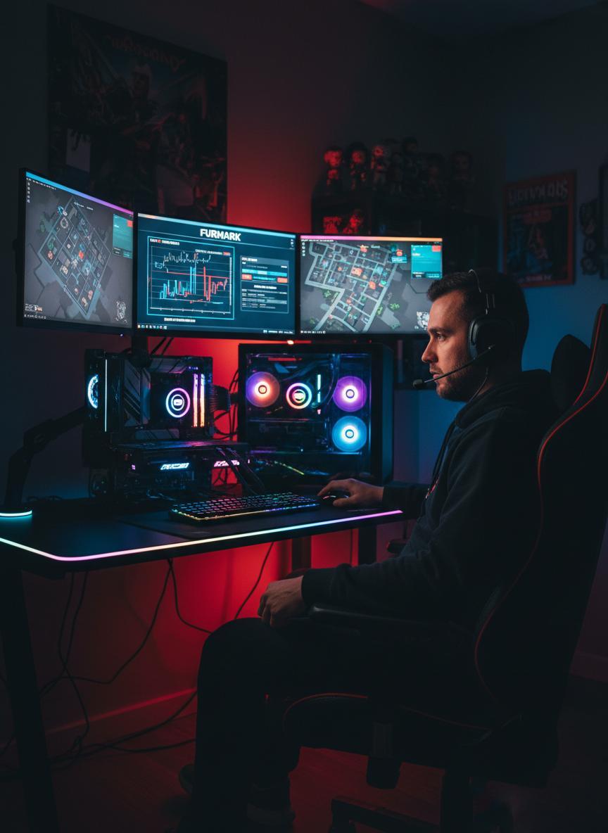 Competitive gamer checking frame stability after a FurMark thermal sweep