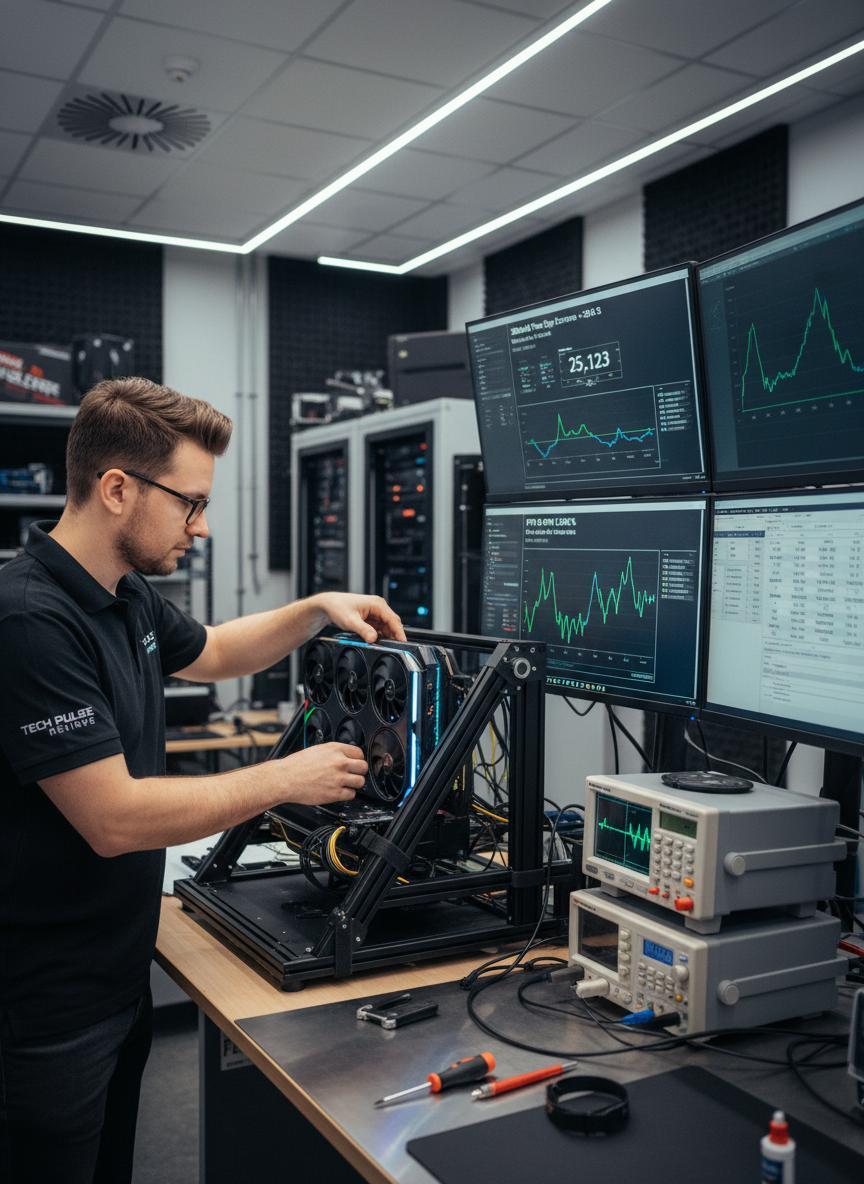 Tech journalist comparing GPU scores inside FurMark benchmark mode