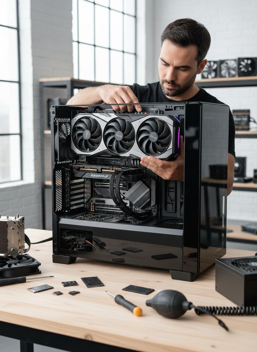 Custom PC assembler verifying a fresh build with FurMark burn-in