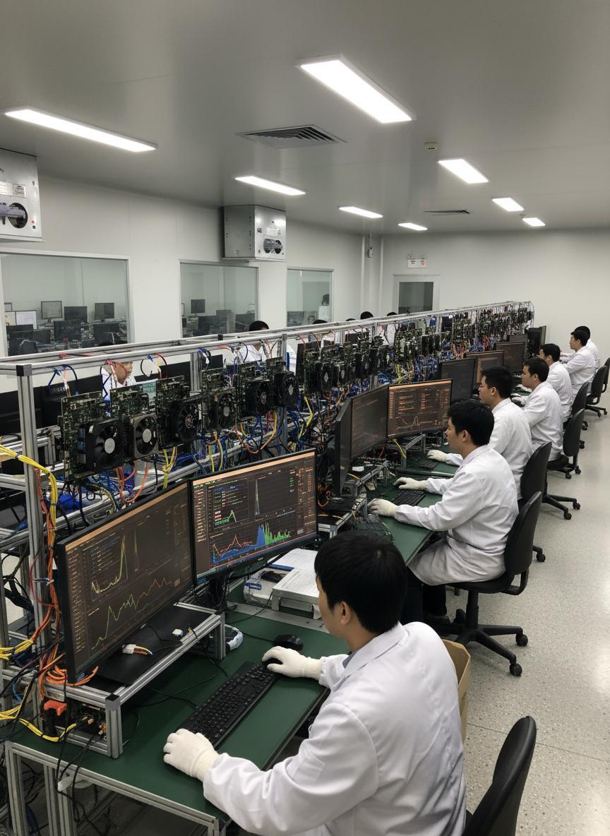 Laboratory technician running FurMark on production-line graphics cards