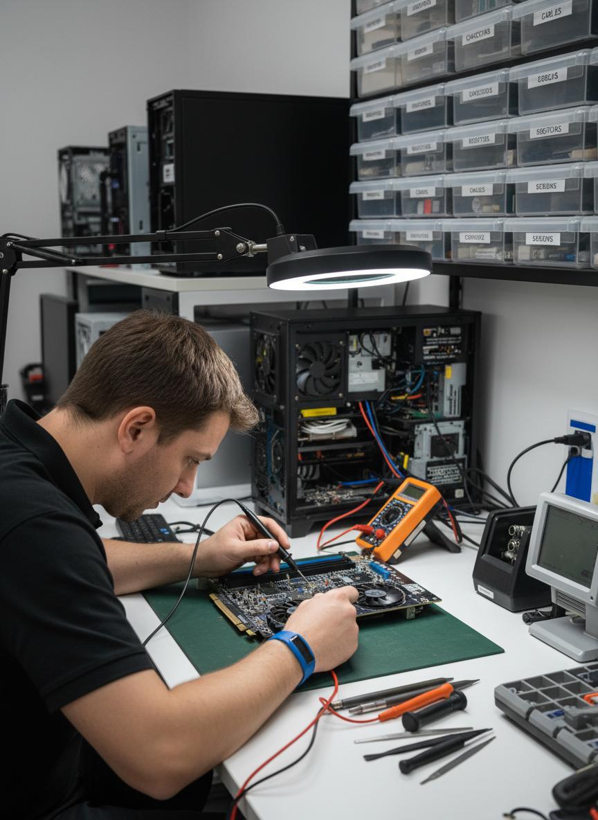 Repair shop specialist diagnosing a faulty GPU using FurMark diagnostics